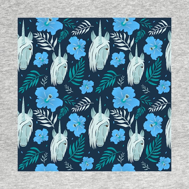 Unicorn and Hibiscus Blue Floral Pattern by OneLook